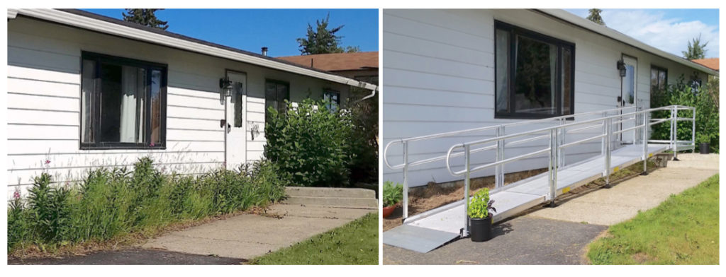 Access to a home before and after a temporary ramp was installed.